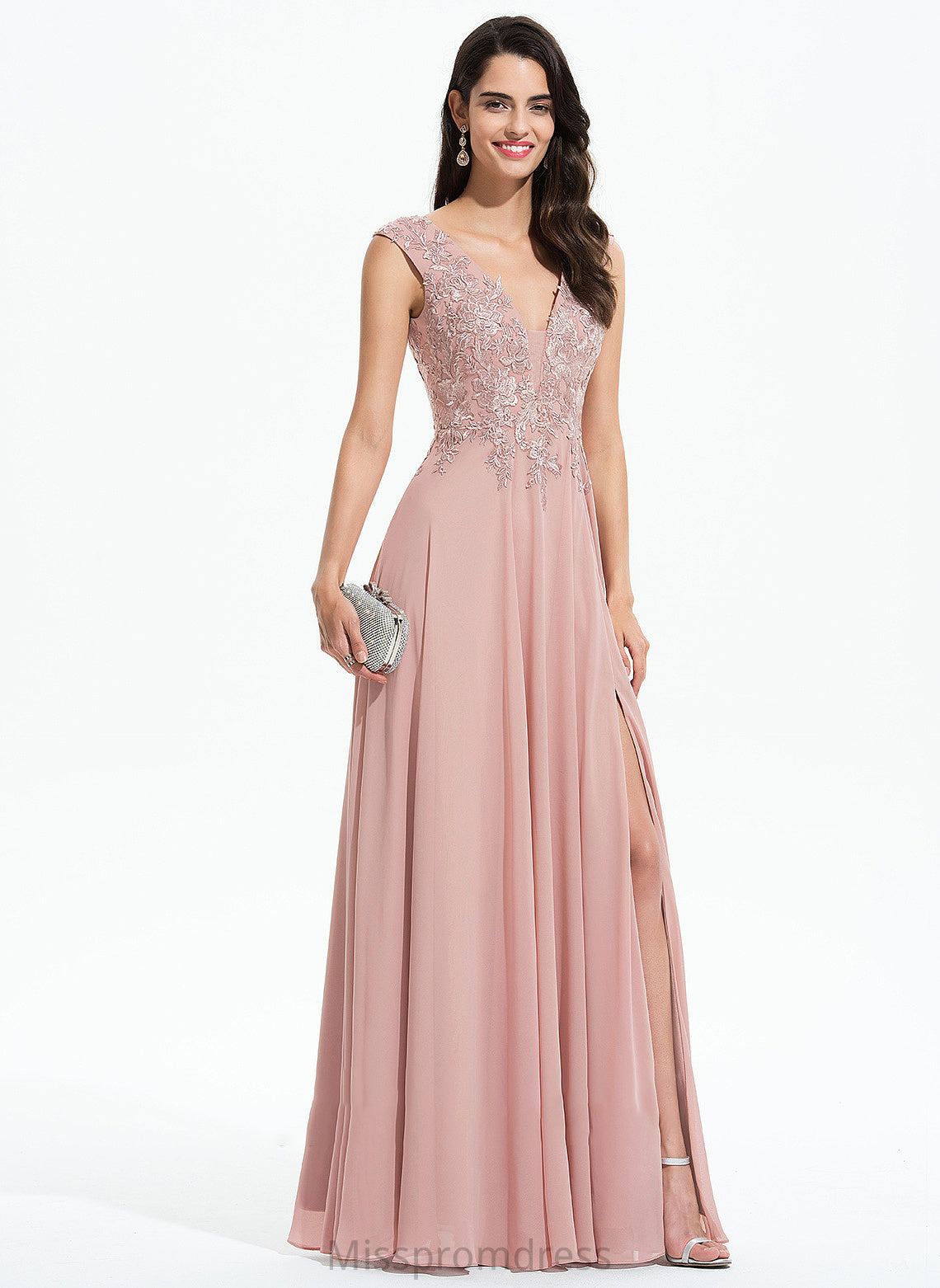 Split With A-Line Sylvia V-neck Floor-Length Prom Dresses Lace Front Chiffon