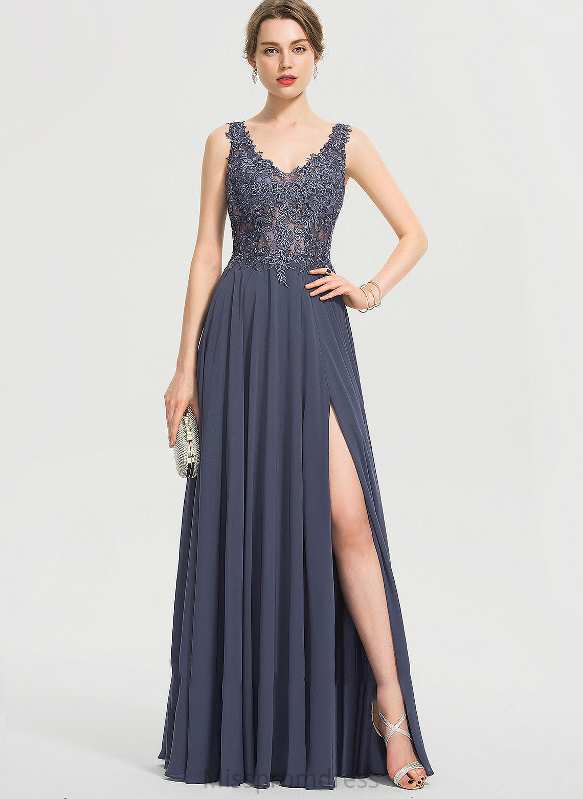 Chiffon Beading A-Line V-neck Split Floor-Length Front Prom Dresses Vivien With Sequins