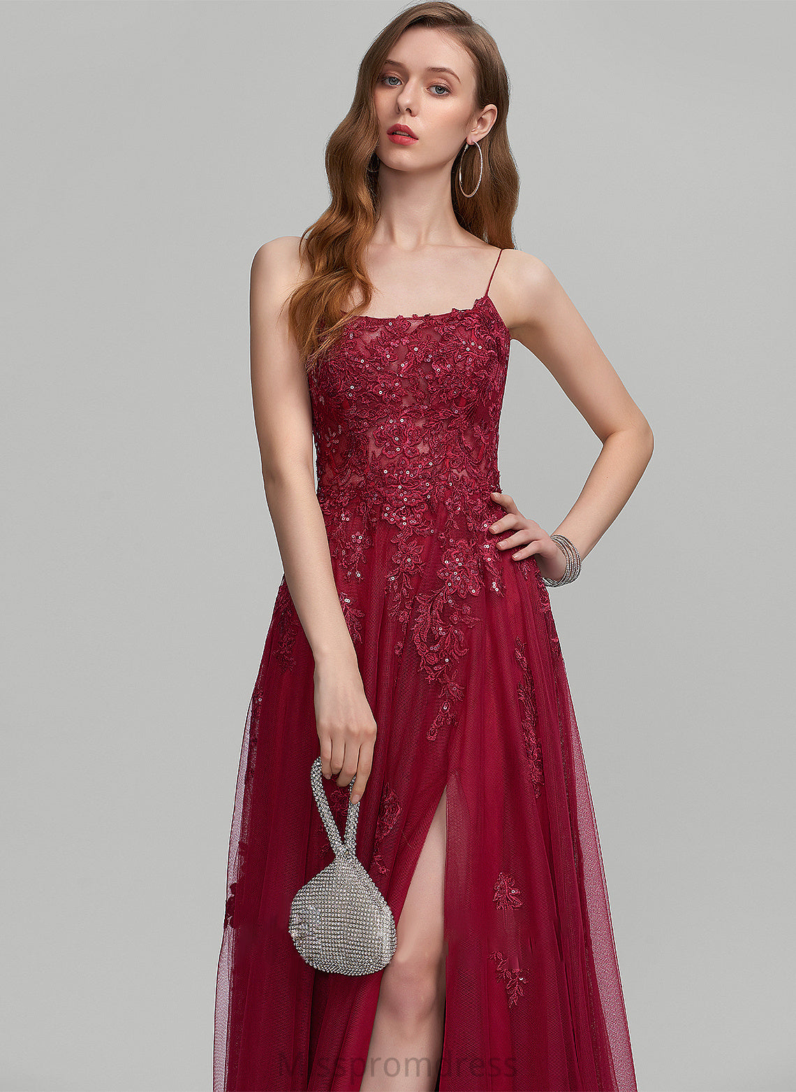 Sequins Front Floor-Length Neckline Prom Dresses A-Line Split Greta Tulle Square With