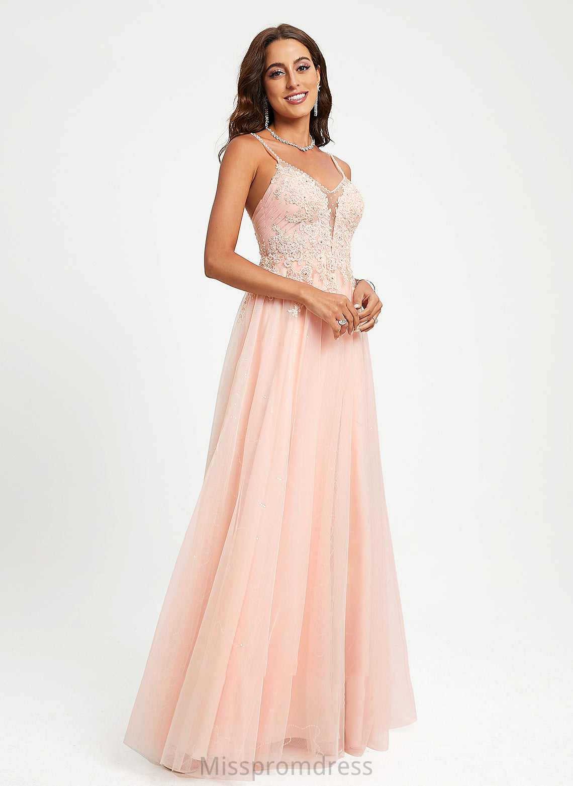 Prom Dresses Tulle Sequins Beading Lace With Viv Floor-Length V-neck Ball-Gown/Princess