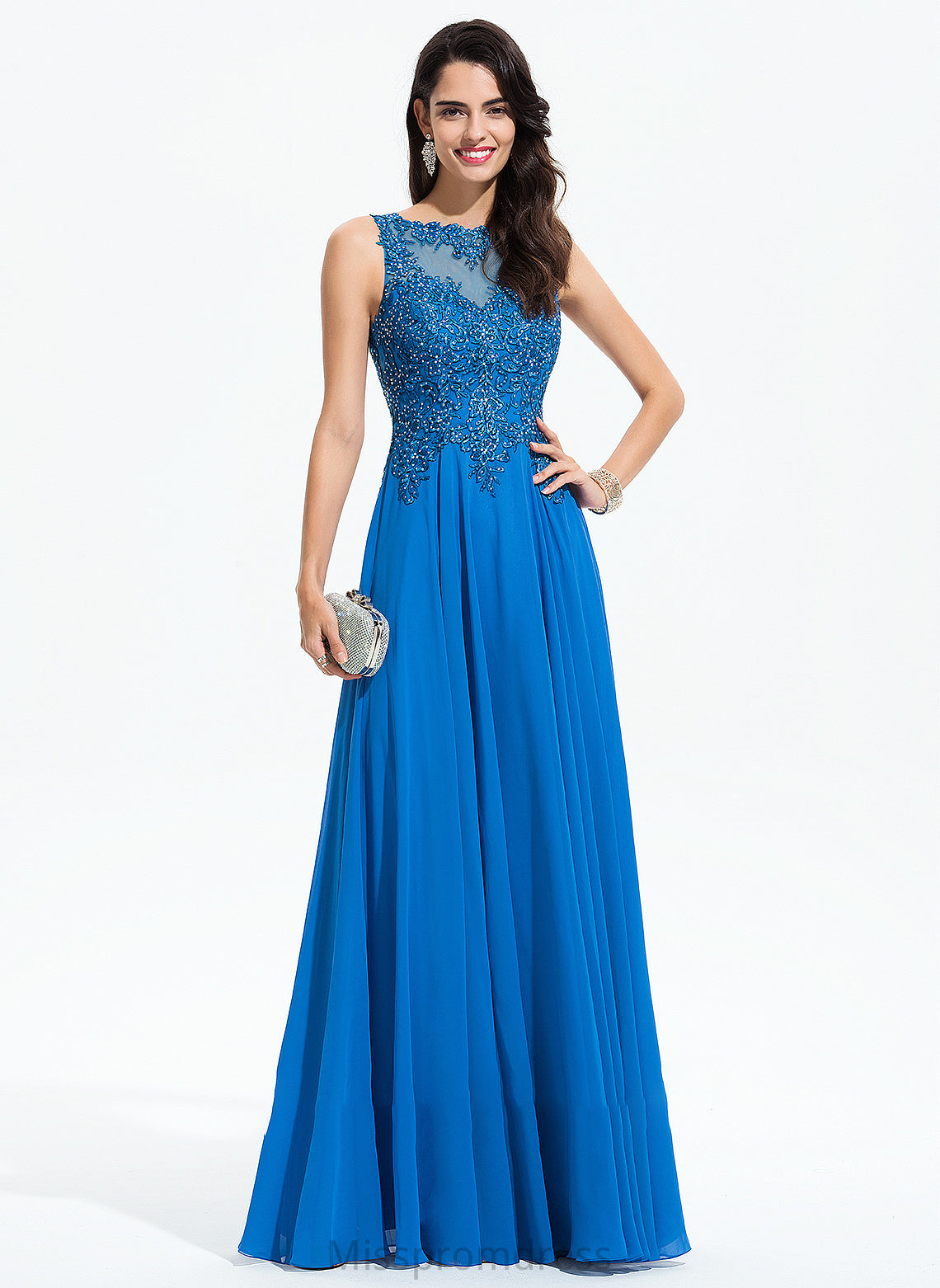 With Prom Dresses Cara Neck Chiffon Lace A-Line Sequins Scoop Floor-Length Beading