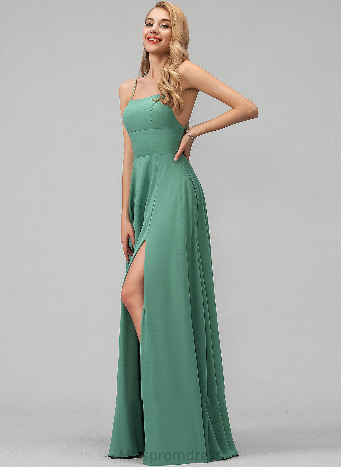 Split Neckline Chiffon Floor-Length Pockets Square With Hanna Prom Dresses A-Line Front