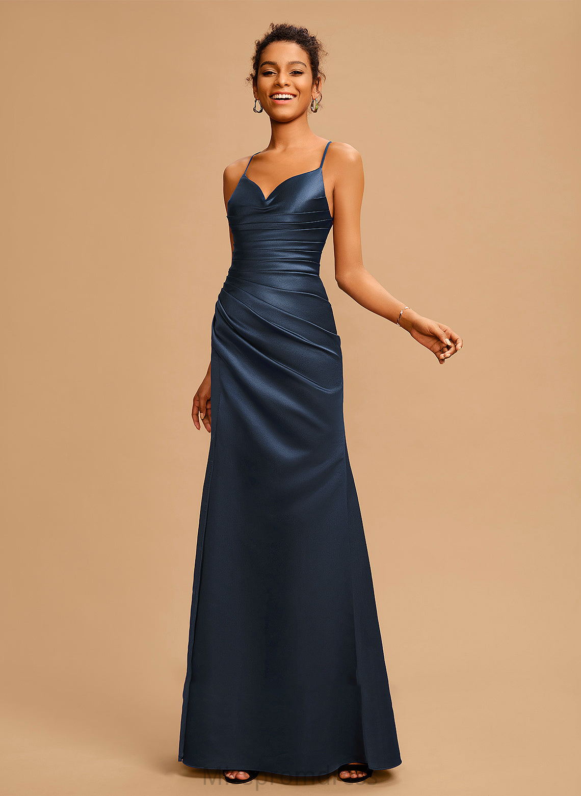 Sheath/Column Prom Dresses Pleated With Makenna Satin Floor-Length V-neck