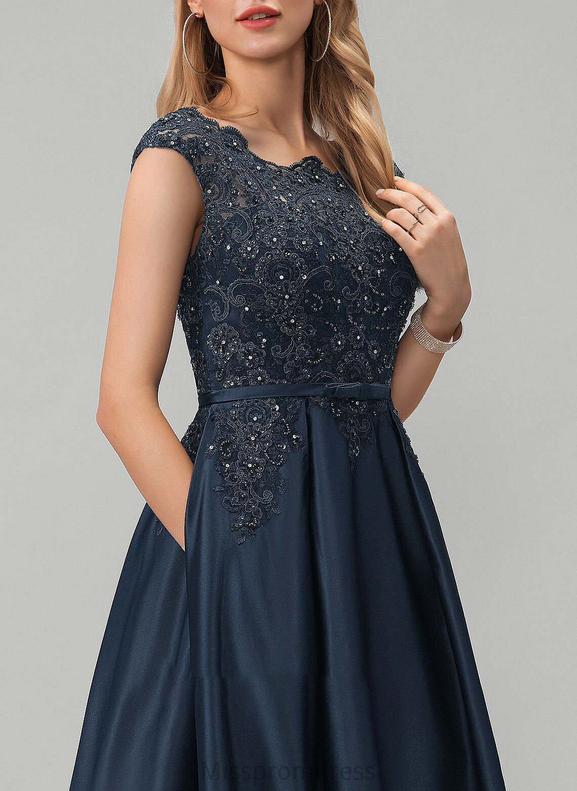 Beading Prom Dresses Floor-Length With Lace Rosalie Pockets Satin Neck Bow(s) Ball-Gown/Princess Scoop Sequins