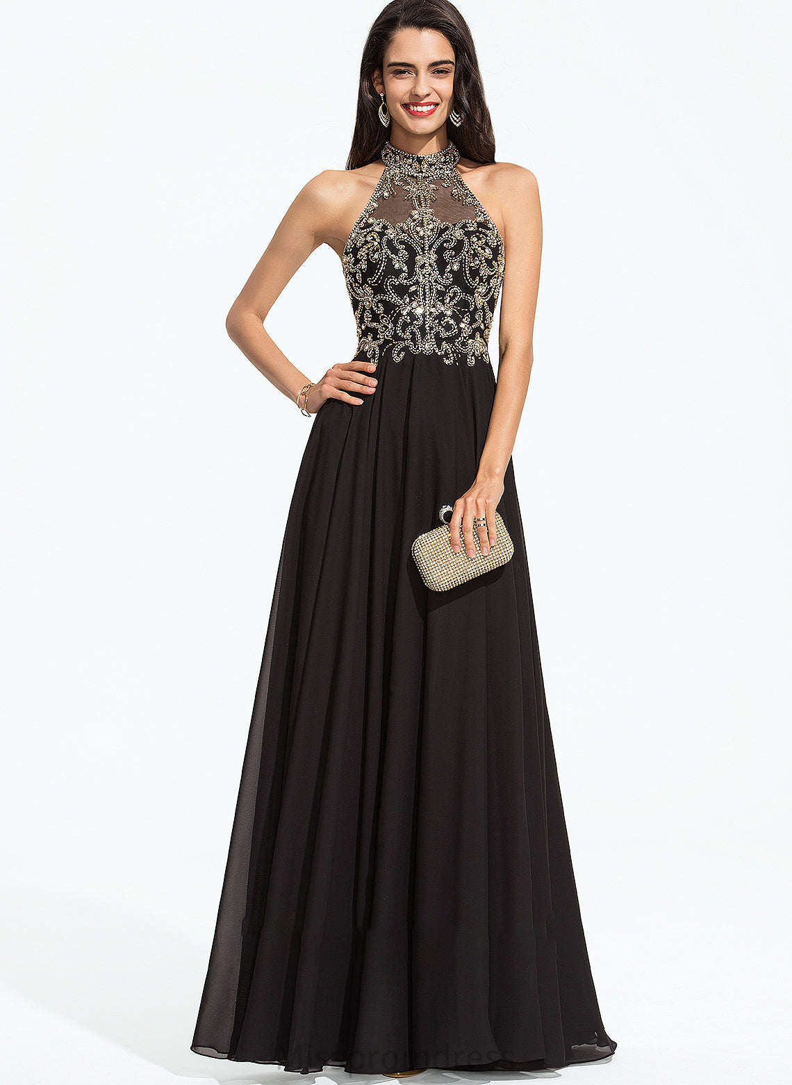 With Neck Floor-Length High A-Line Beading Prom Dresses Sequins Chiffon Urania