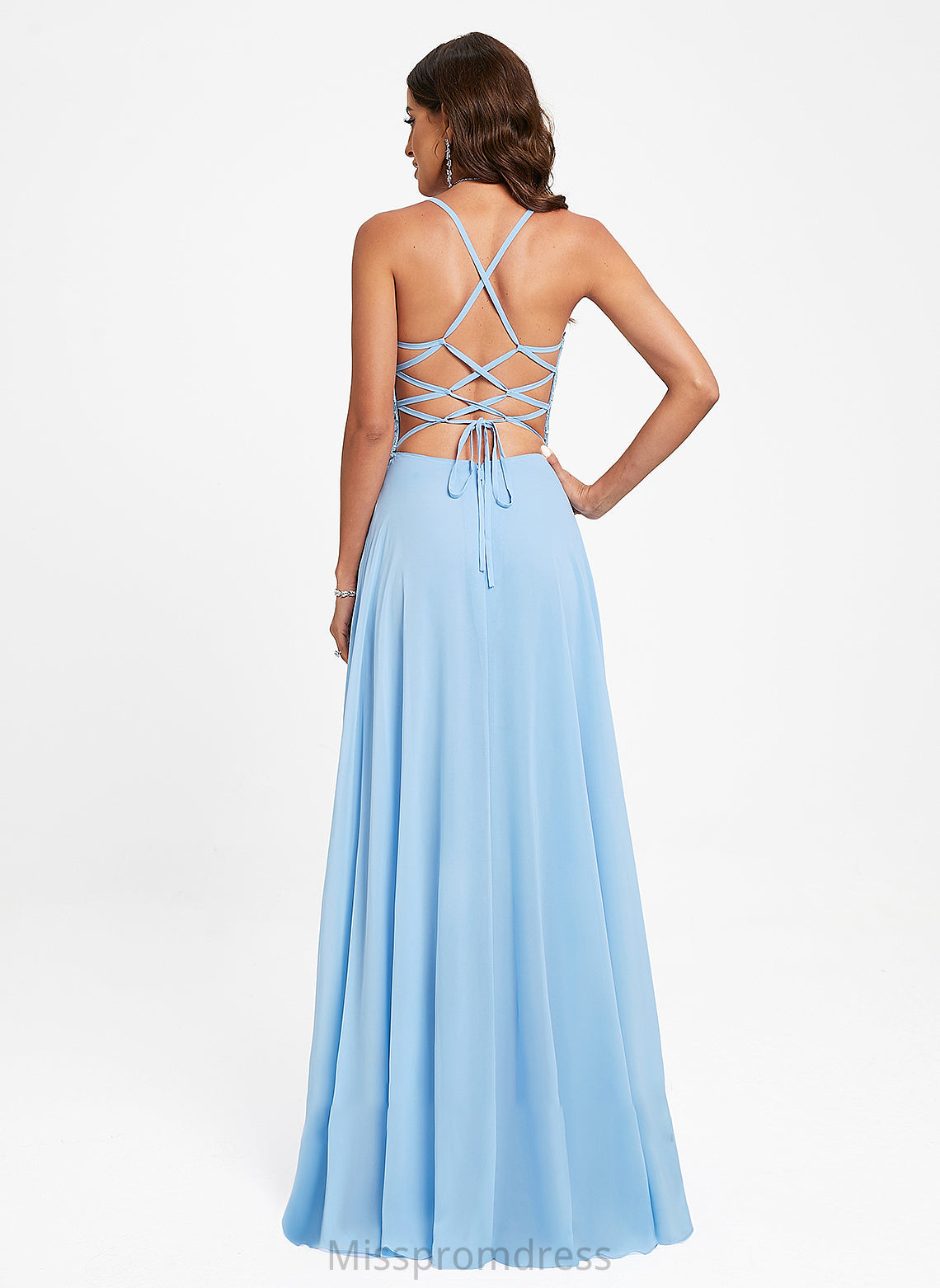 Chiffon Monica A-Line Prom Dresses Floor-Length Lace V-neck With