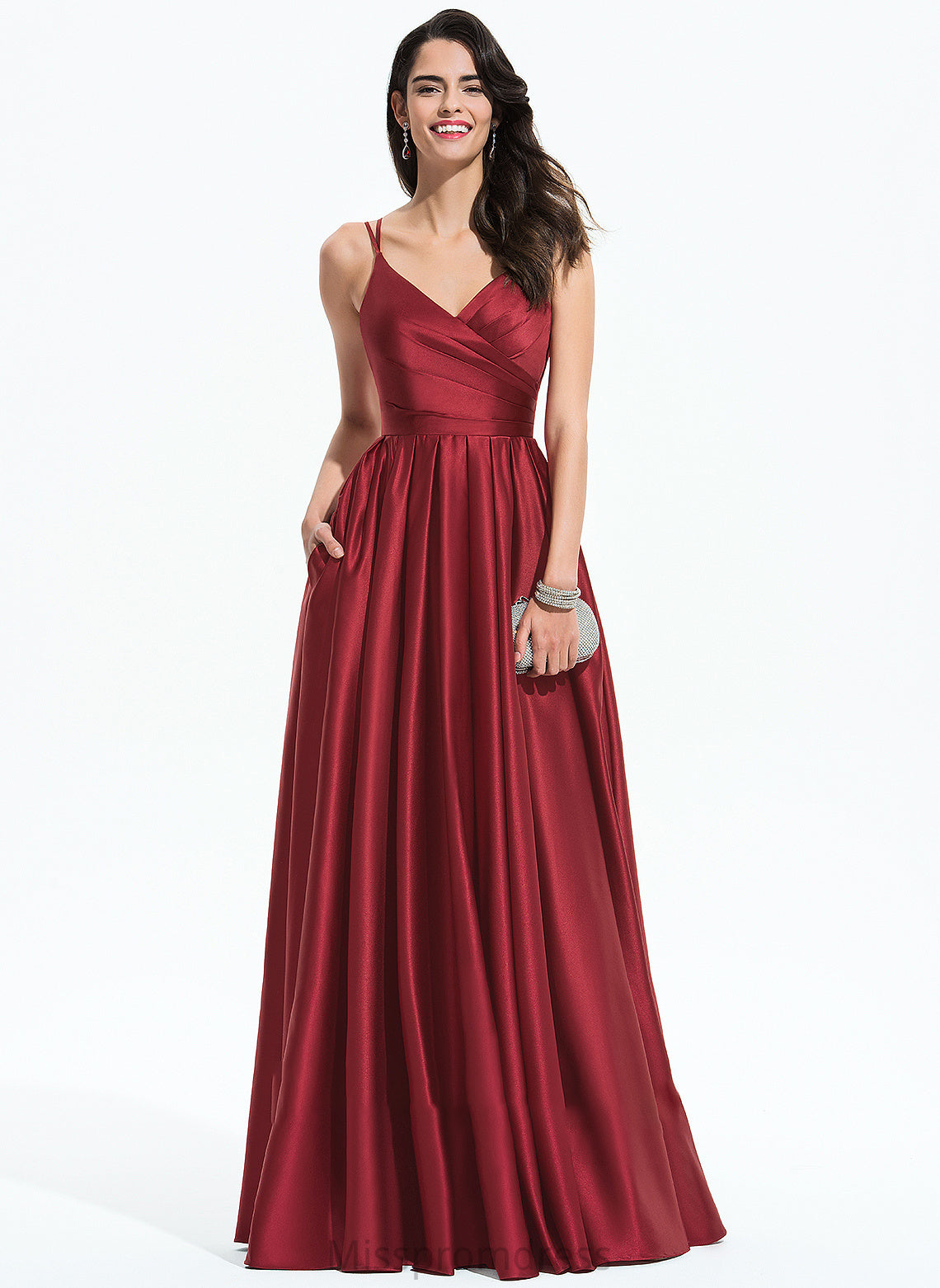 Satin Pockets With Ruffle Floor-Length Prom Dresses V-neck Alaina A-Line