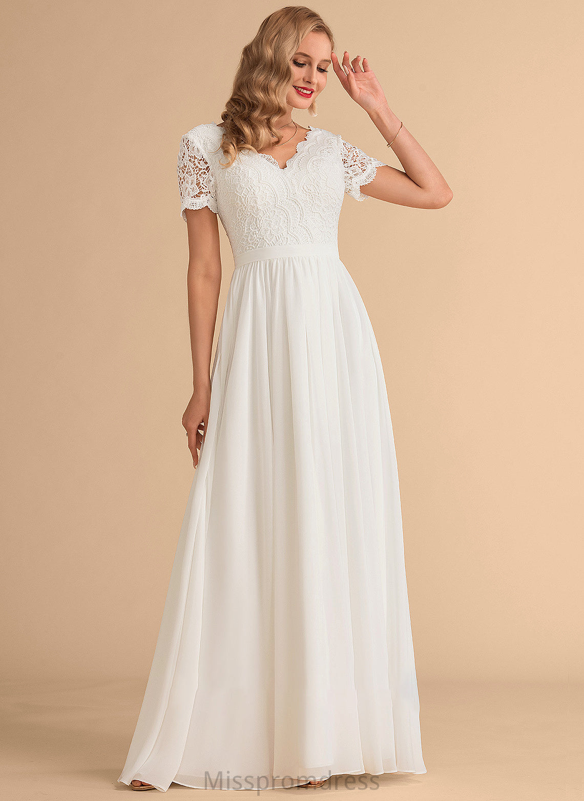 Lace Floor-Length Wedding Dress Chiffon Wedding Dresses Anaya A-Line V-neck