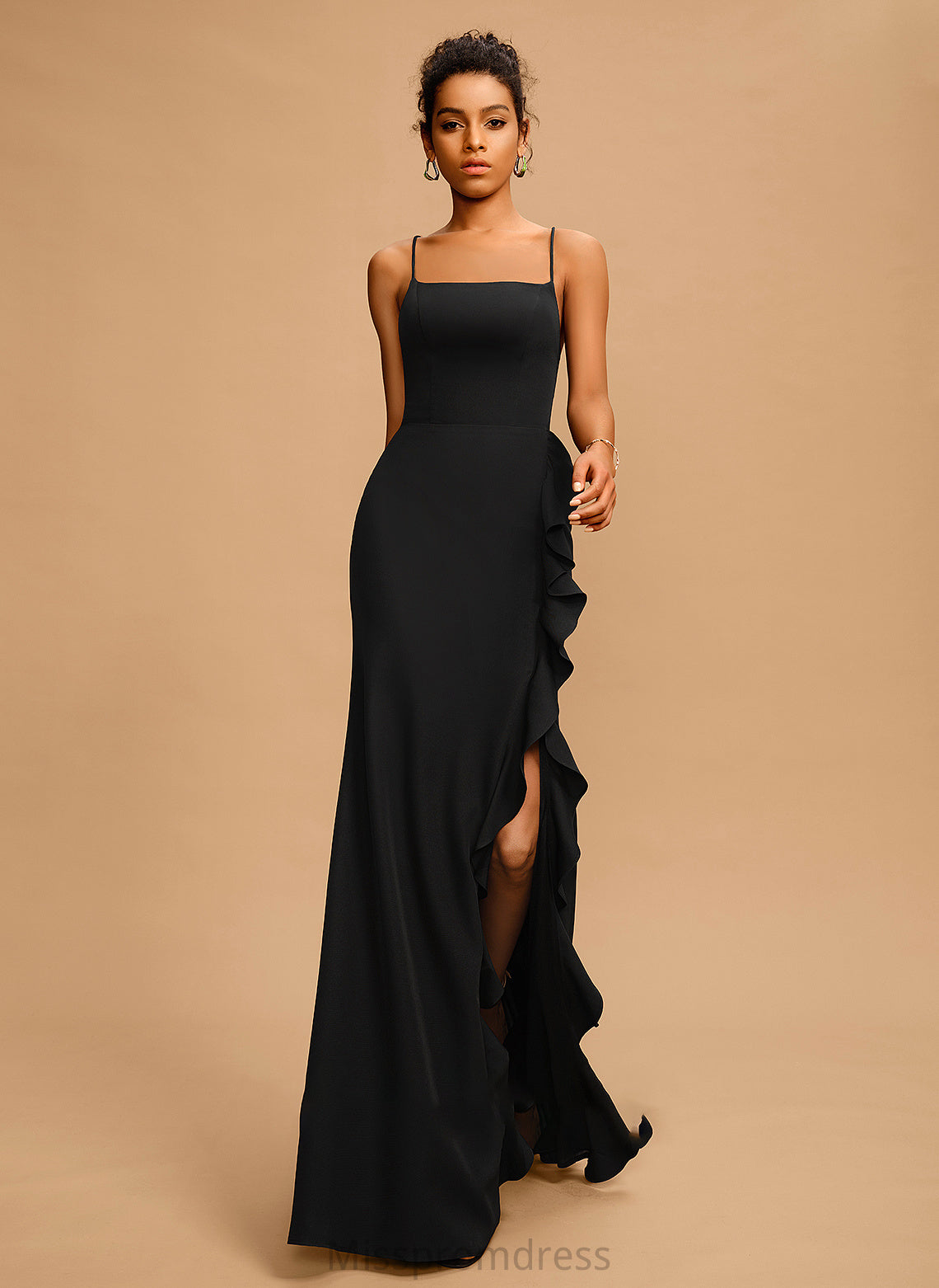 Crepe Tamia Neckline Ruffle Stretch Prom Dresses With Floor-Length Sheath/Column Square