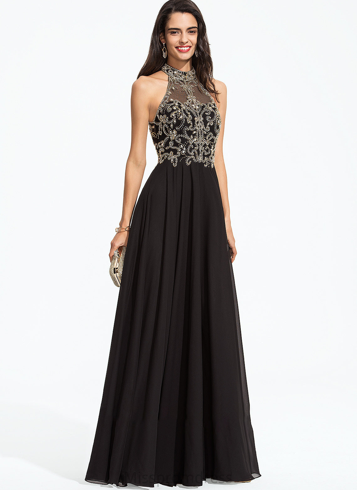 With Neck Floor-Length High A-Line Beading Prom Dresses Sequins Chiffon Urania