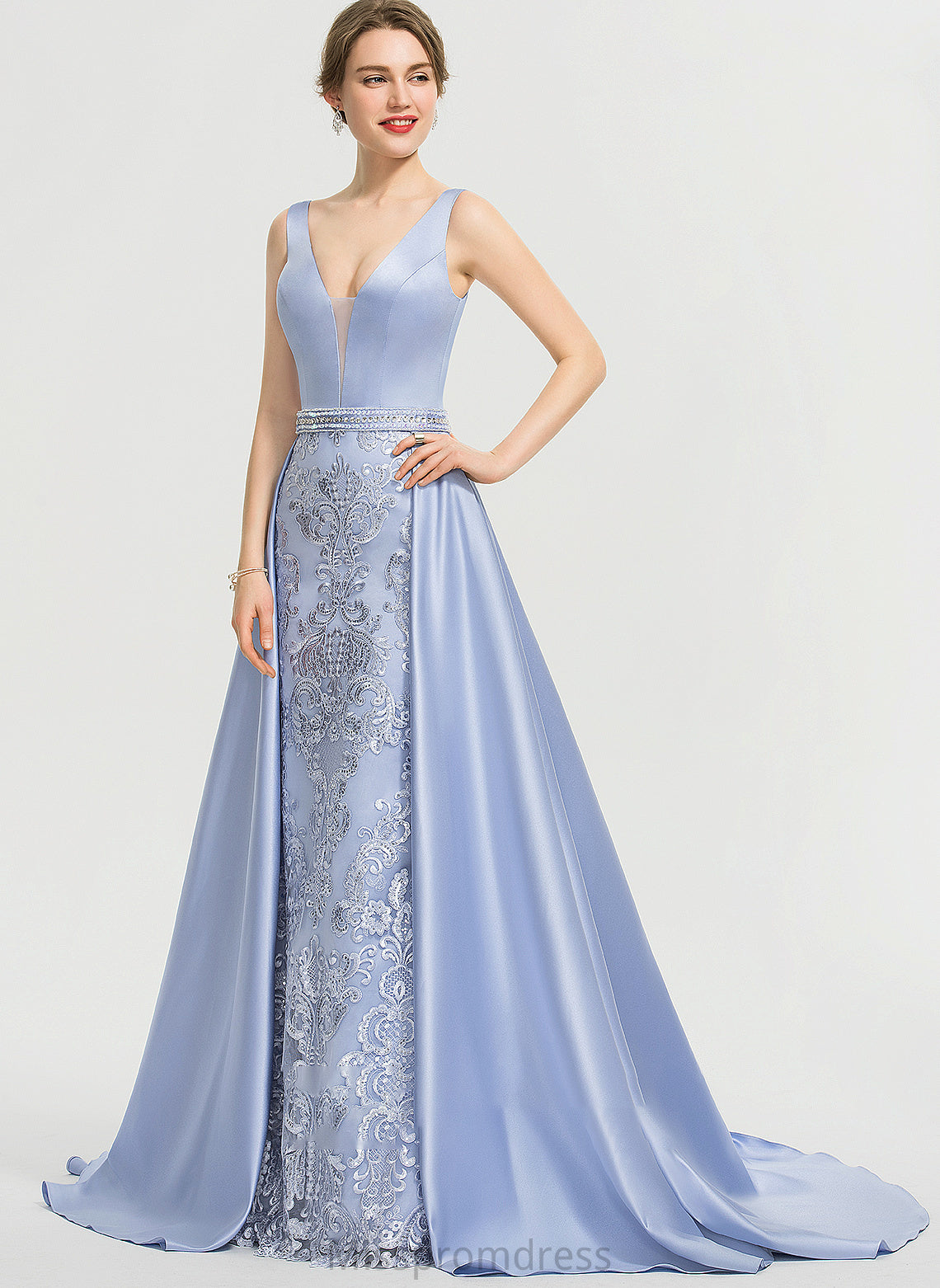 Sweep Prom Dresses Satin With Ball-Gown/Princess Maribel Sequins V-neck Train Beading