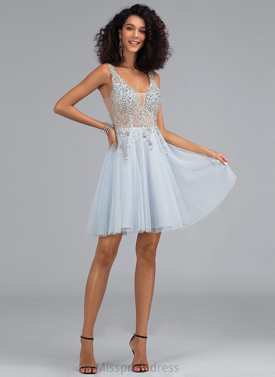 Short/Mini A-Line Beading Melinda Prom Dresses V-neck Tulle With