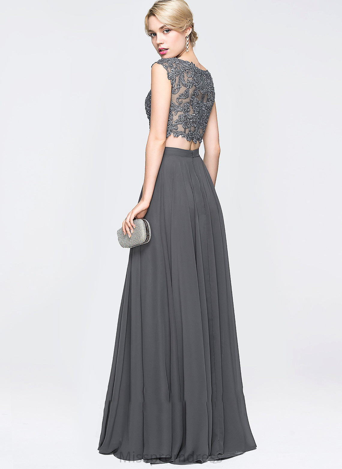 A-Line Sequins Prom Dresses Beading Floor-Length Scoop Elena With Chiffon Neck