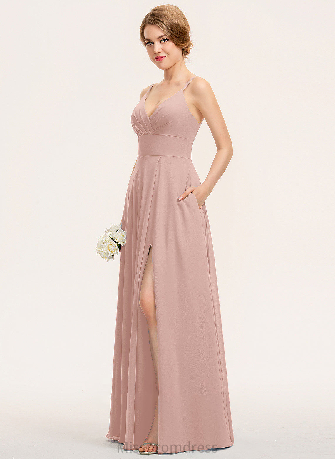 Kailey Floor-Length A-Line Chiffon V-neck Pockets With Ruffle Prom Dresses