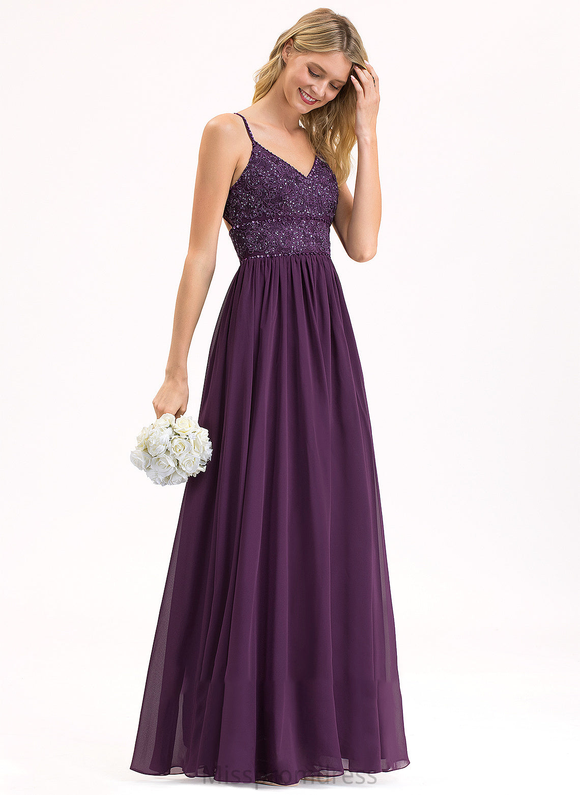 Sequins Isabelle Prom Dresses A-Line With V-neck Chiffon Lace Beading Floor-Length