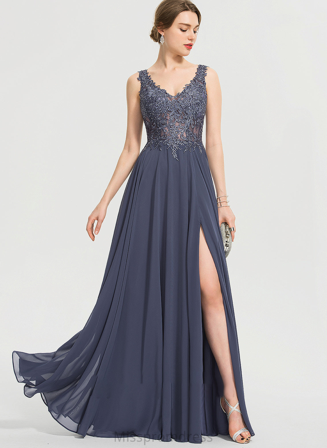 Chiffon Beading A-Line V-neck Split Floor-Length Front Prom Dresses Vivien With Sequins