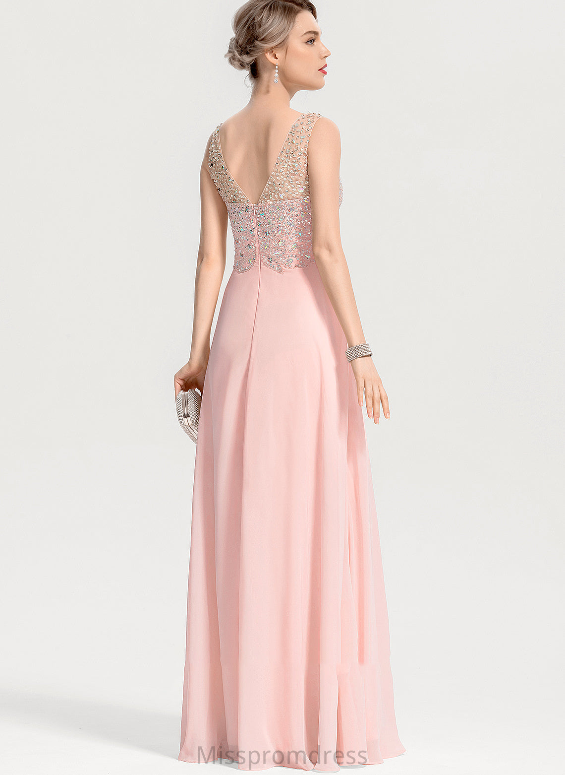 Chiffon Lainey Front A-Line Beading Prom Dresses Split V-neck Sequins Floor-Length With