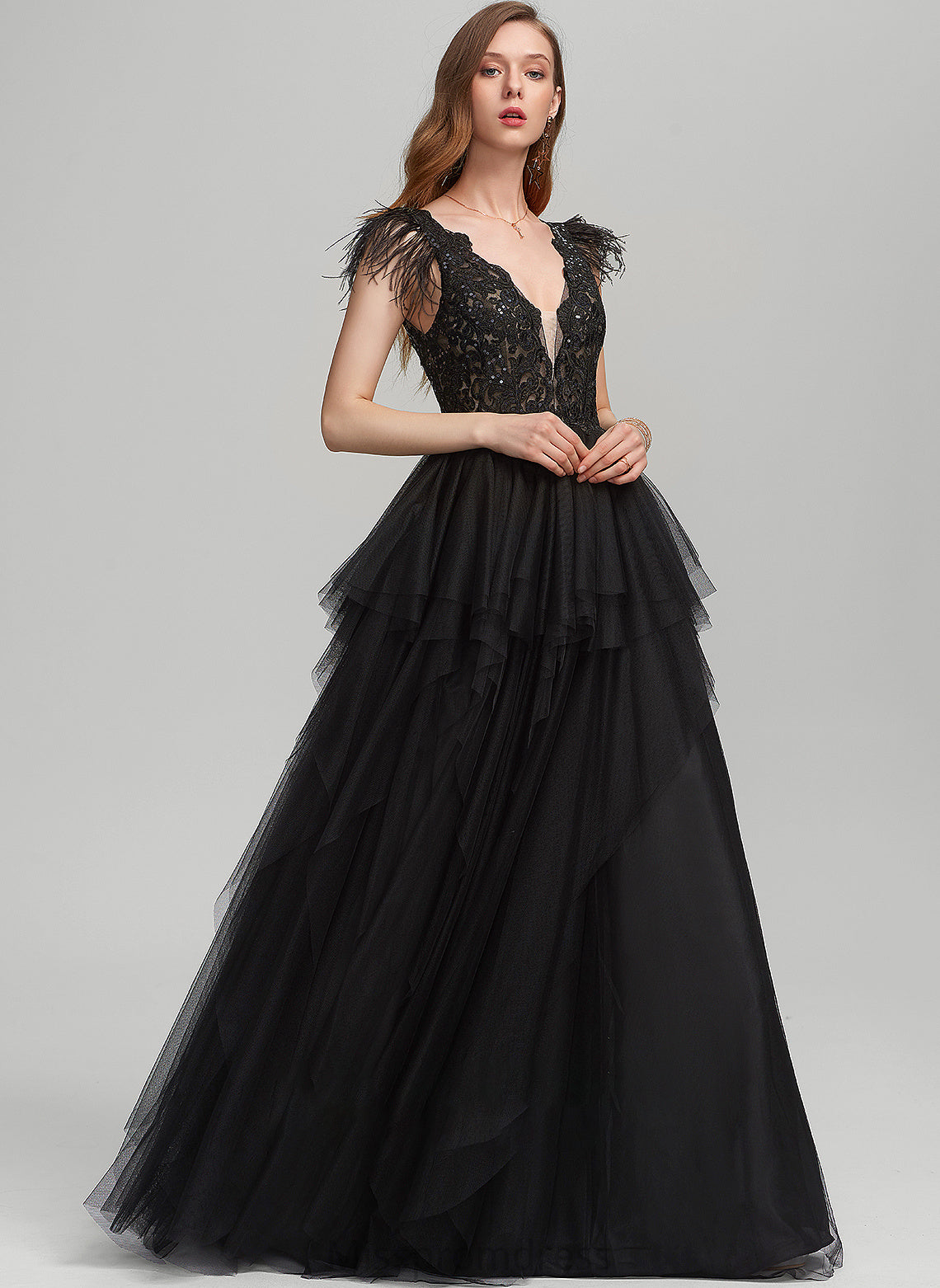 Ball-Gown/Princess Jillian V-neck With Prom Dresses Tulle Feather Floor-Length Sequins