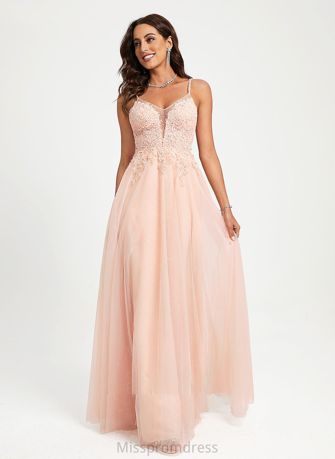 Prom Dresses Tulle Sequins Beading Lace With Viv Floor-Length V-neck Ball-Gown/Princess