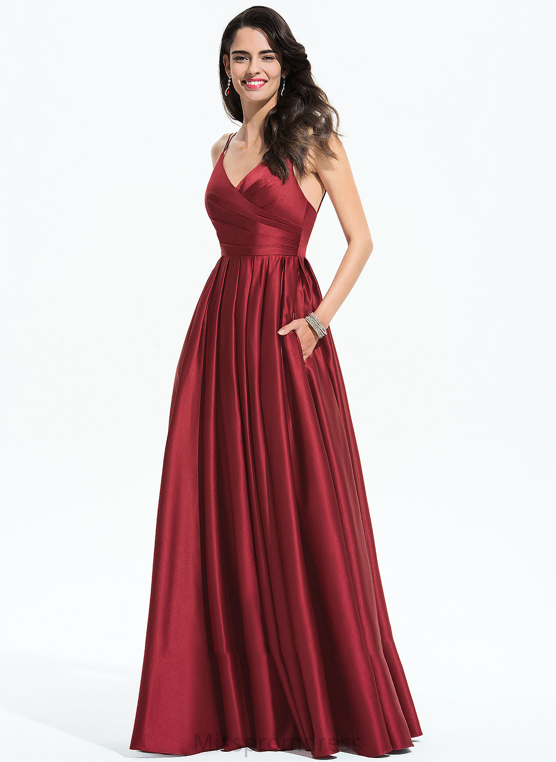 Satin Pockets With Ruffle Floor-Length Prom Dresses V-neck Alaina A-Line