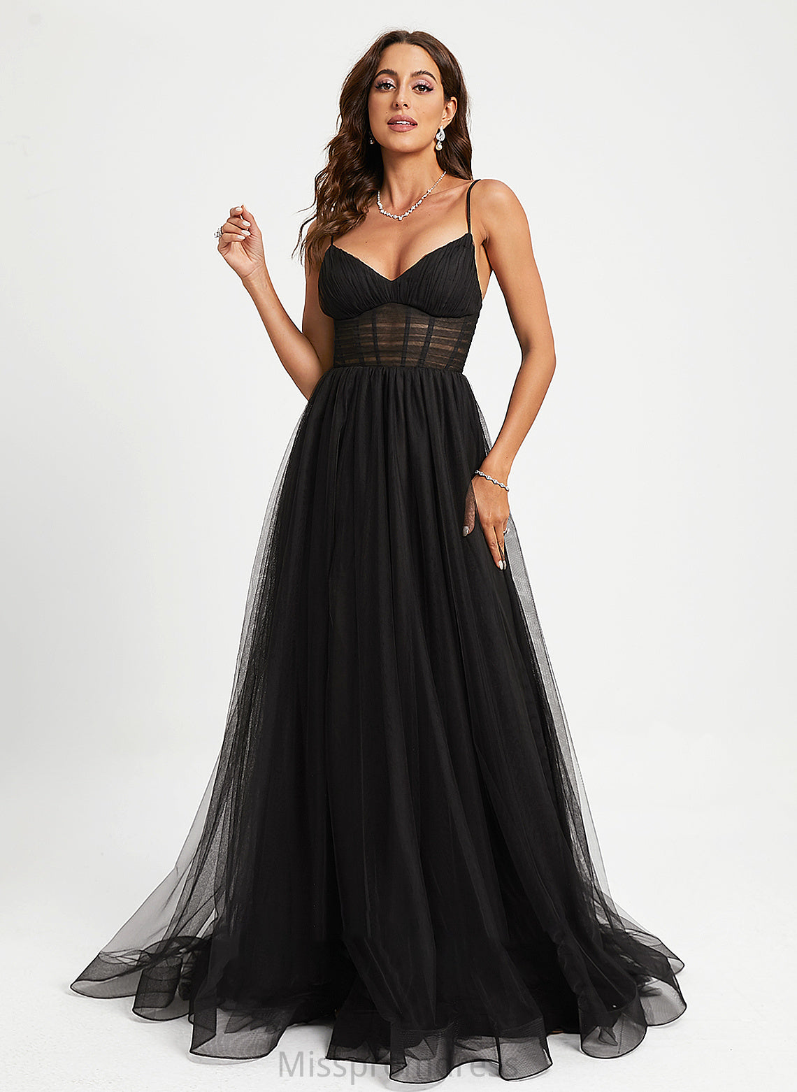 With Train Prom Dresses V-neck Pleated Viola Ball-Gown/Princess Tulle Sweep