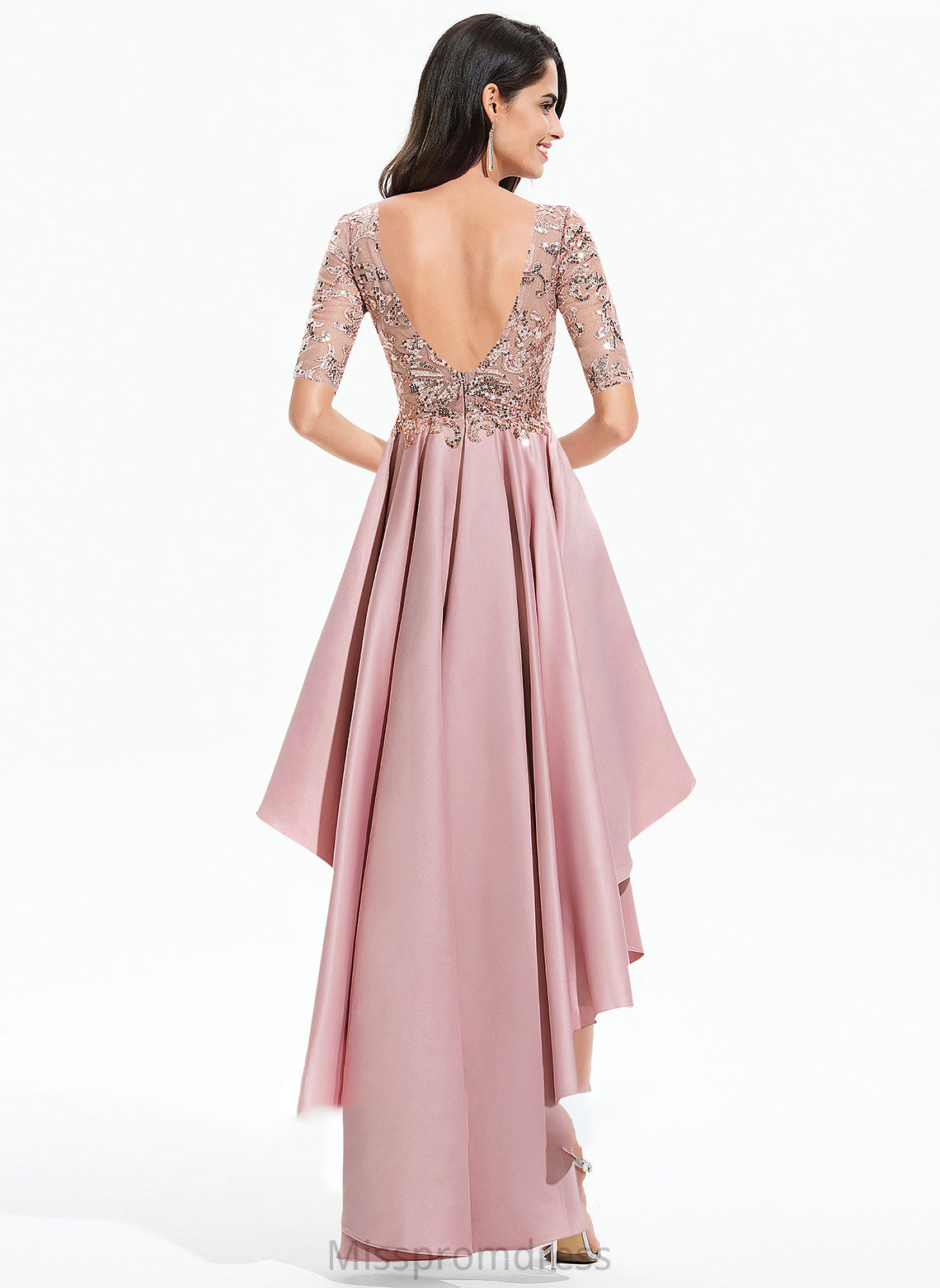 With A-Line Neck Satin Sequins Asymmetrical Tess Prom Dresses Scoop Lace