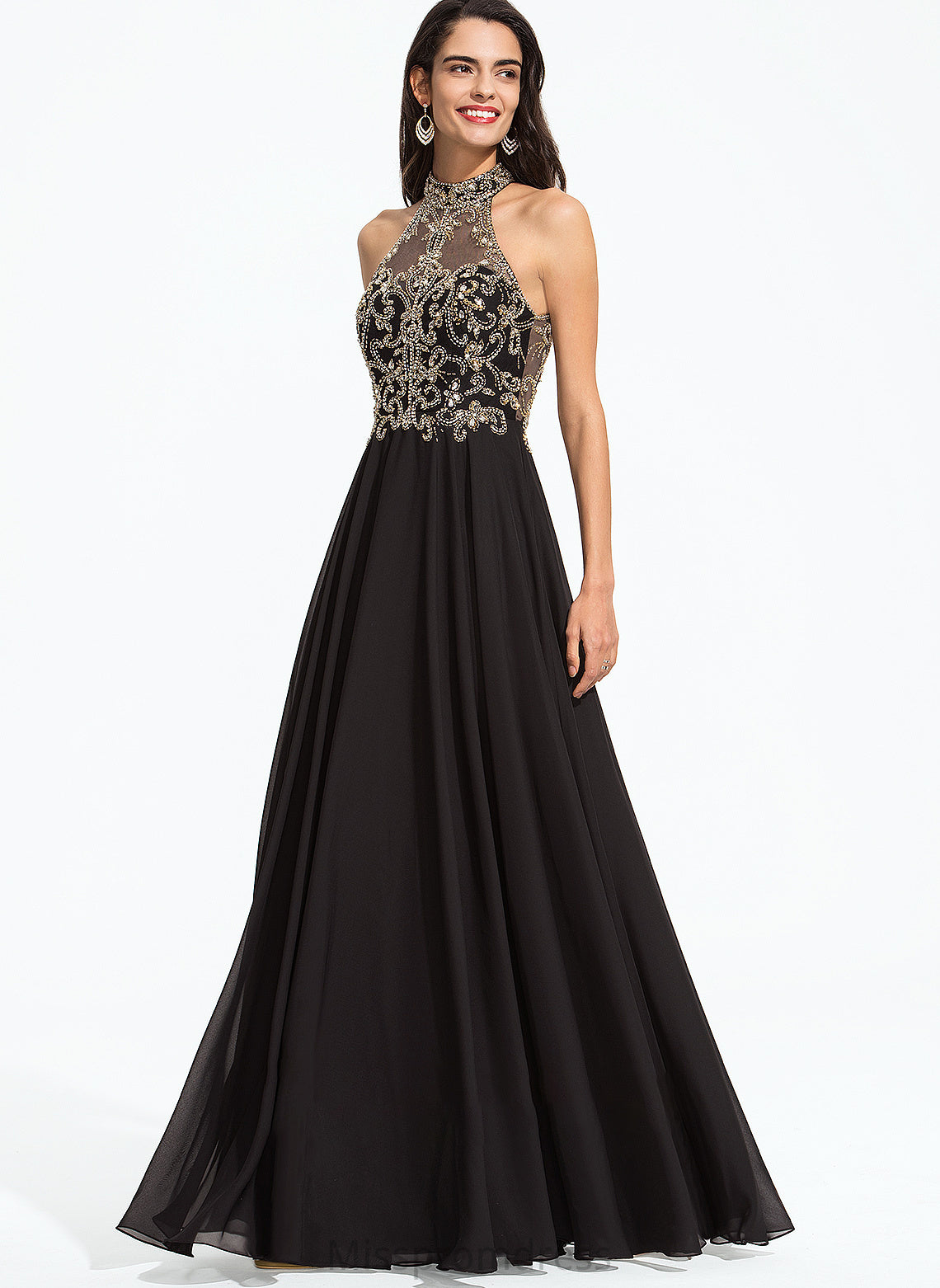 With Neck Floor-Length High A-Line Beading Prom Dresses Sequins Chiffon Urania