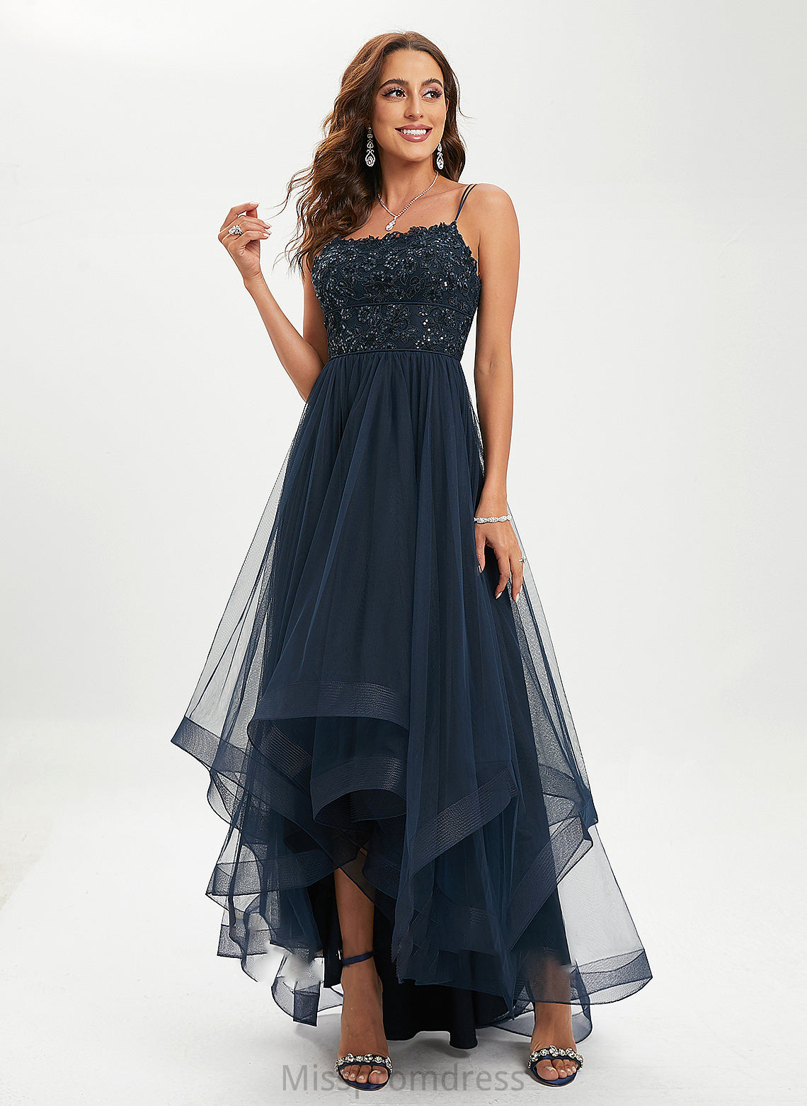 Valery Ball-Gown/Princess Prom Dresses Neck With Tulle Lace Scoop Asymmetrical Sequins