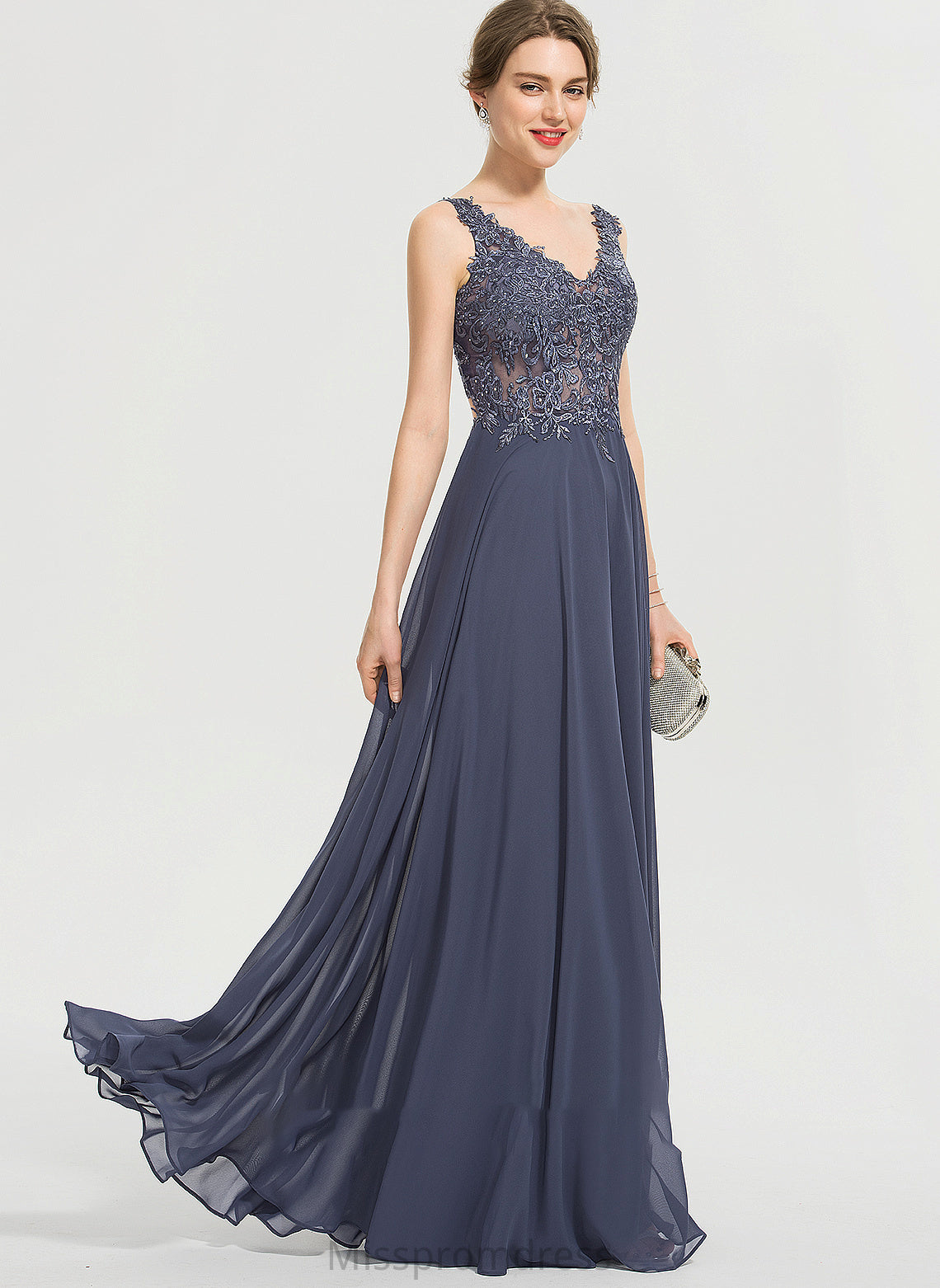 Chiffon Beading A-Line V-neck Split Floor-Length Front Prom Dresses Vivien With Sequins