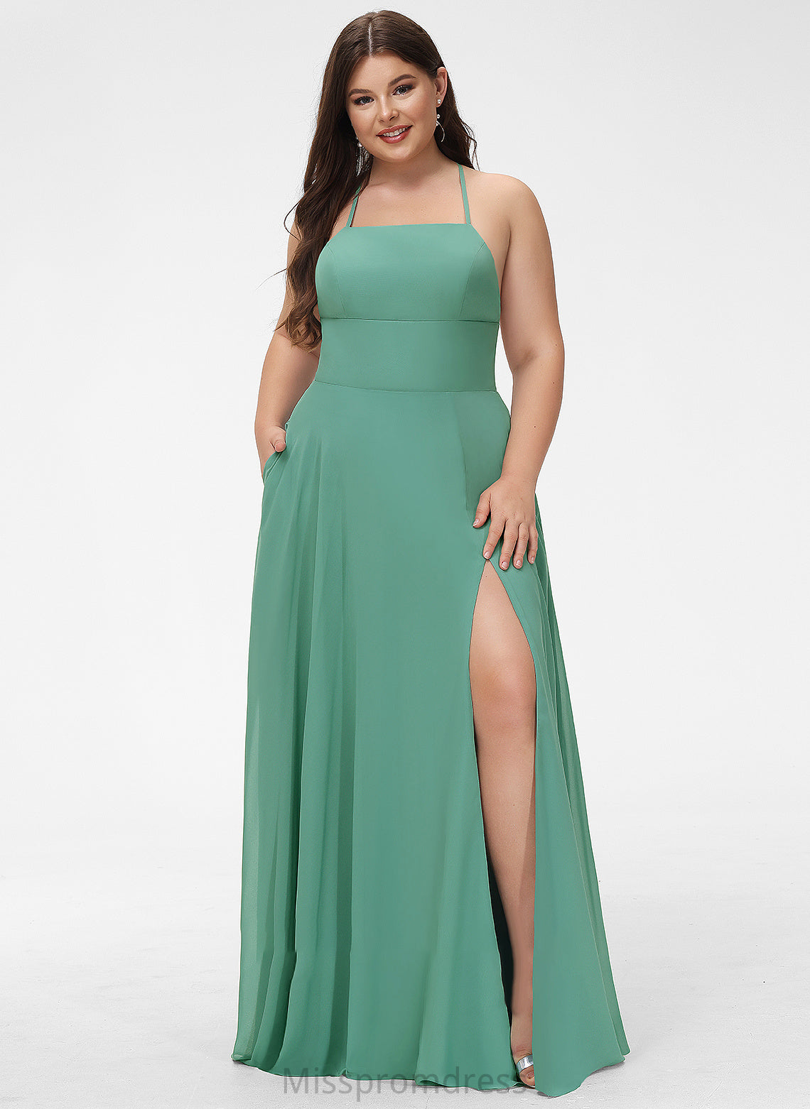 Split Neckline Chiffon Floor-Length Pockets Square With Hanna Prom Dresses A-Line Front