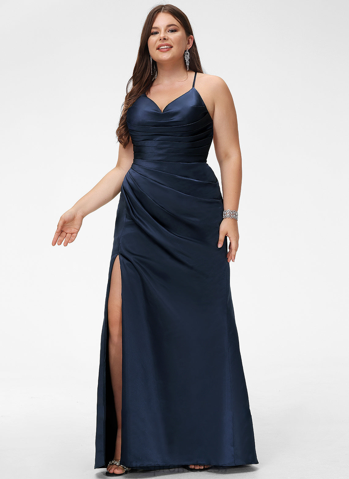 Sheath/Column Prom Dresses Pleated With Makenna Satin Floor-Length V-neck