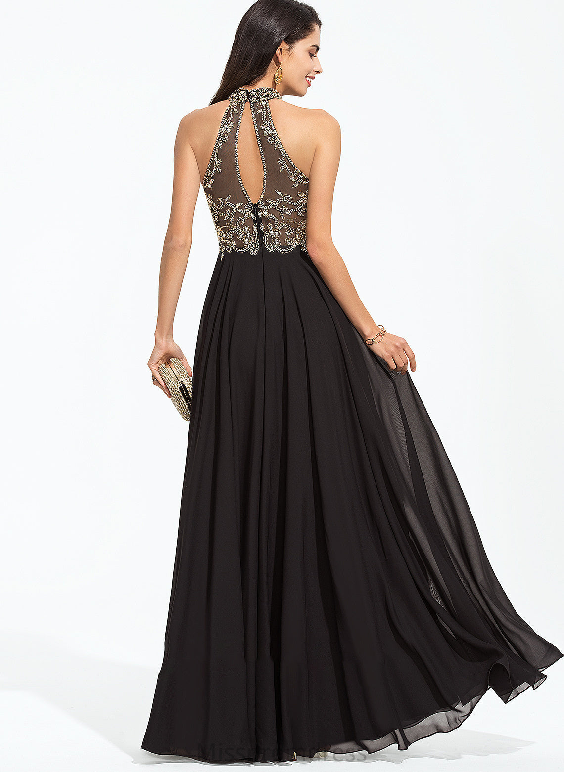 With Neck Floor-Length High A-Line Beading Prom Dresses Sequins Chiffon Urania