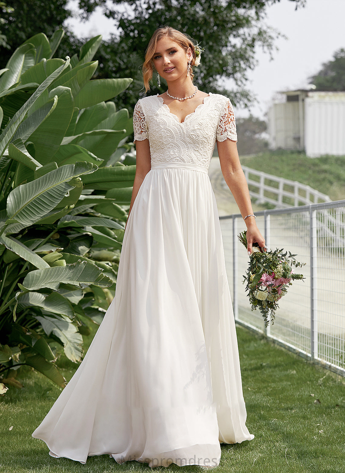 Lace Floor-Length Wedding Dress Chiffon Wedding Dresses Anaya A-Line V-neck