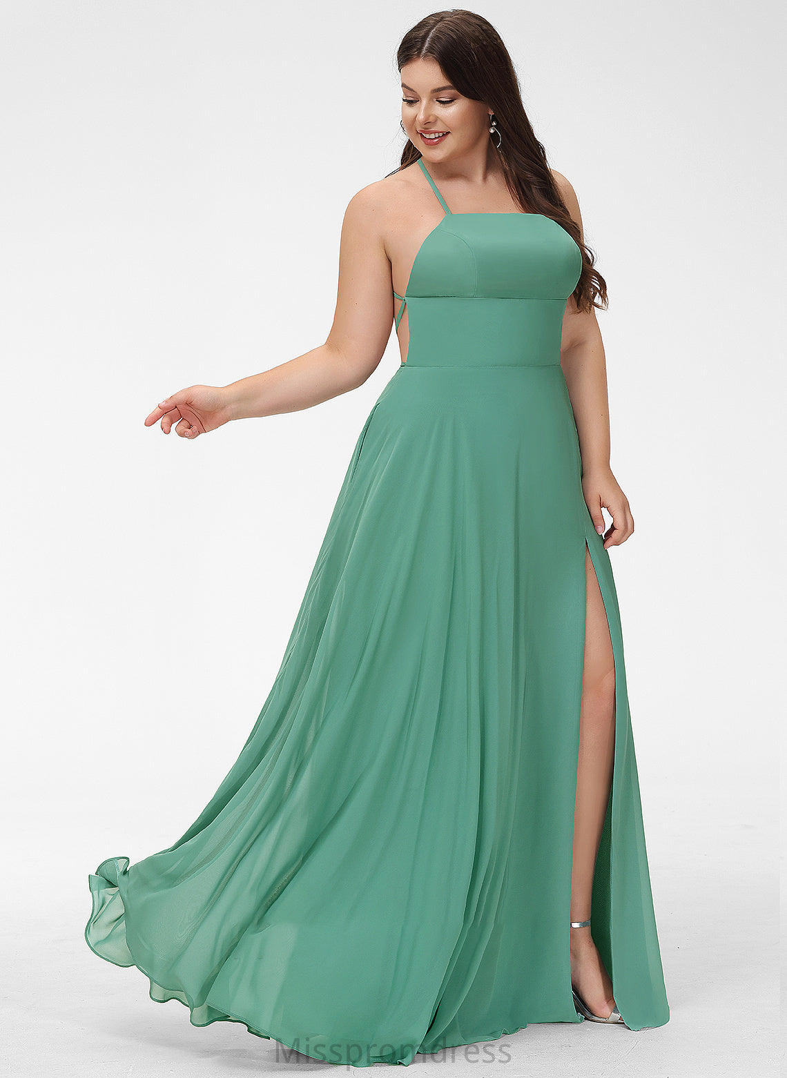 Split Neckline Chiffon Floor-Length Pockets Square With Hanna Prom Dresses A-Line Front