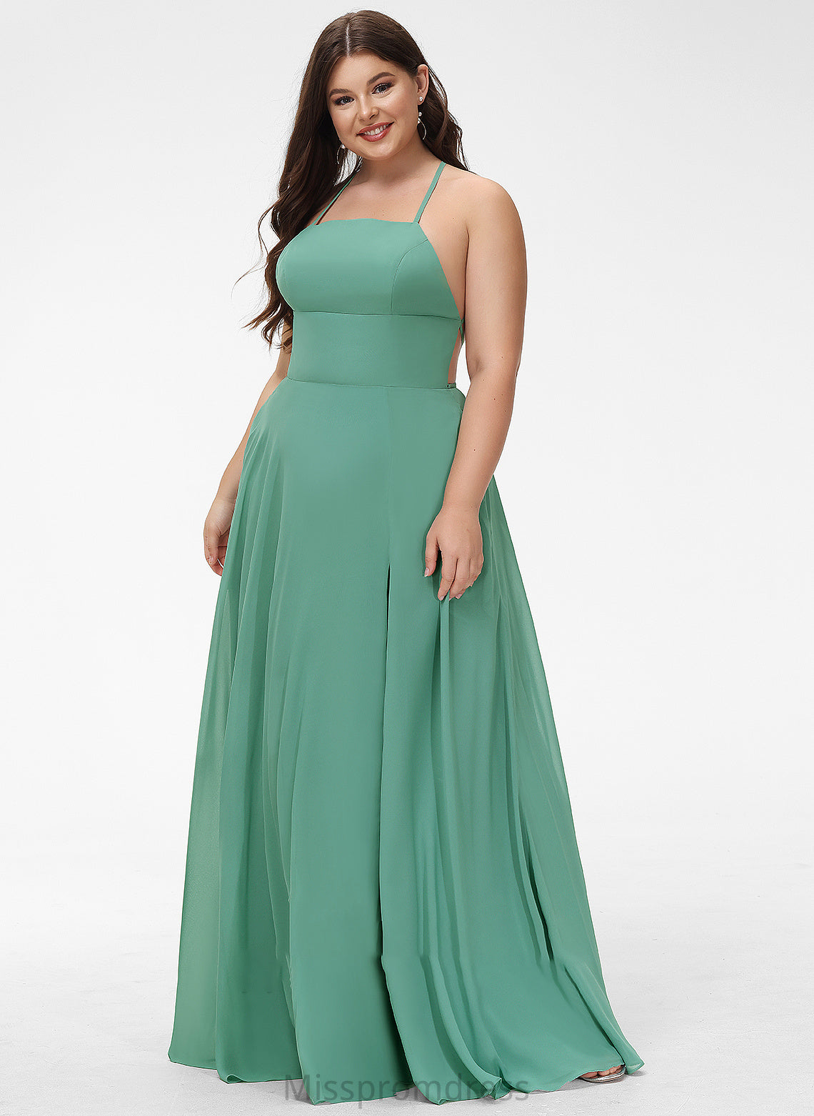 Split Neckline Chiffon Floor-Length Pockets Square With Hanna Prom Dresses A-Line Front